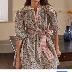Boden hotchpotch Belted Cotton Dress Size 6 Geo Floral Print Tie Waist